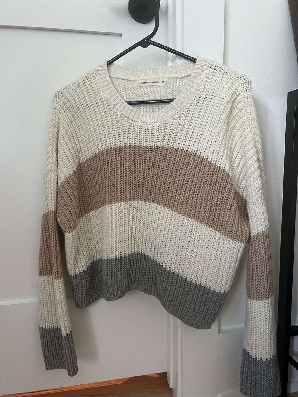 moon & madison Cream, Taupe & Gray Striped Crewneck Sweater